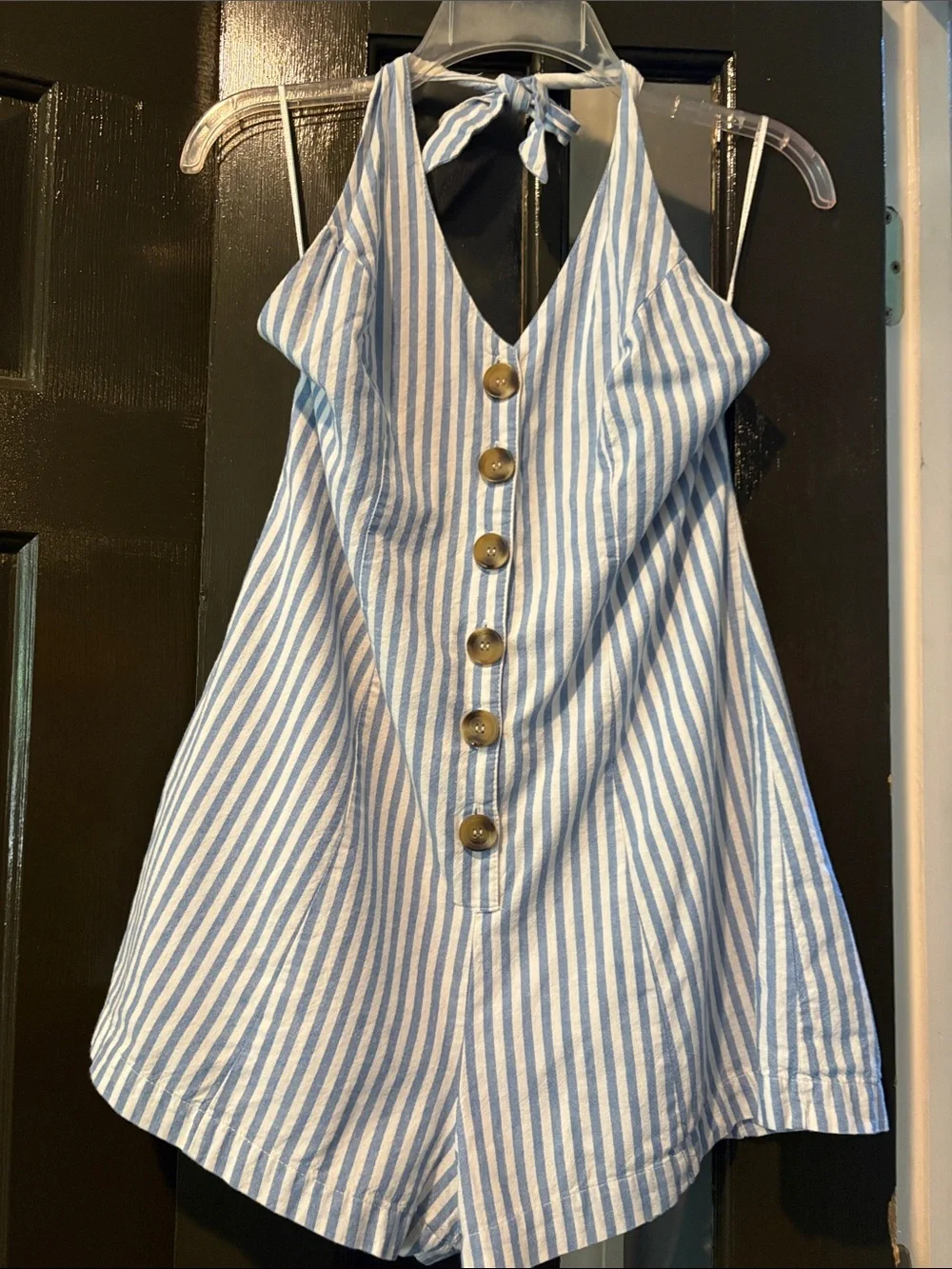 Blue & White Striped Halter Romper with Front Buttons